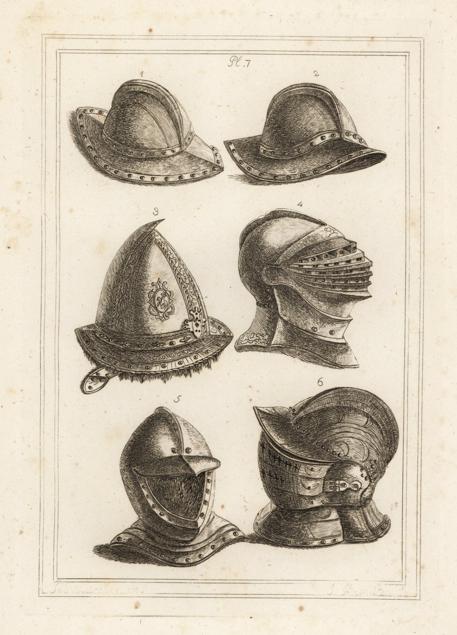French iron pot helmet 1,2, engraved steel cap from the 16th century 3, large bright helmet 4, open helmet 5, ornamented helmet with visor 6 作者 不明