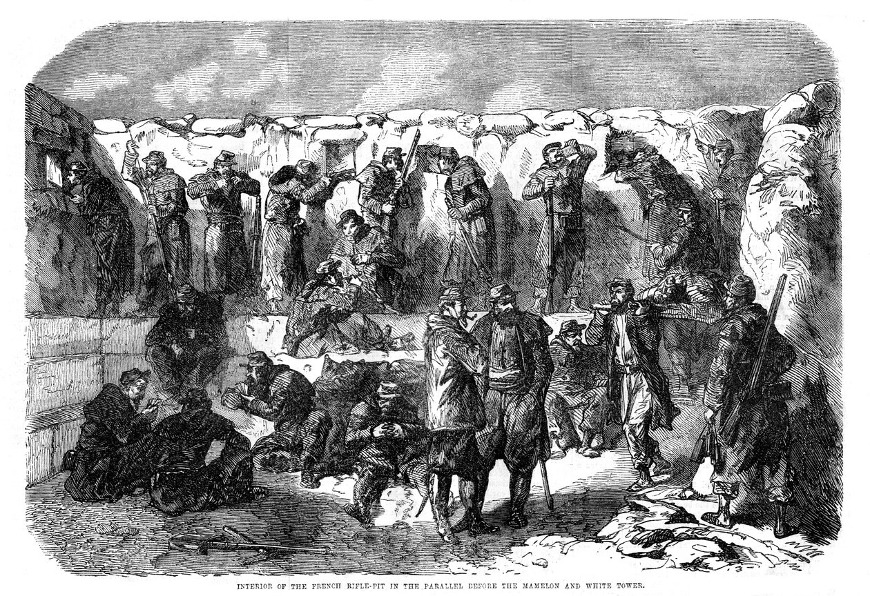 1855年克里米亚战争，塞瓦斯托波尔，法国的步枪坑与马梅隆和白塔平行 作者 不明