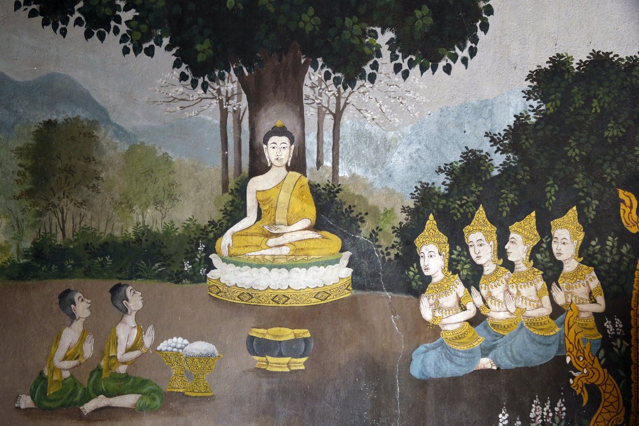 壁画描绘了佛陀在清迈素贴寺 (Wat Phra Doi Suthep) 的生活场景。 接受布施的佛陀。 泰国 作者 不明