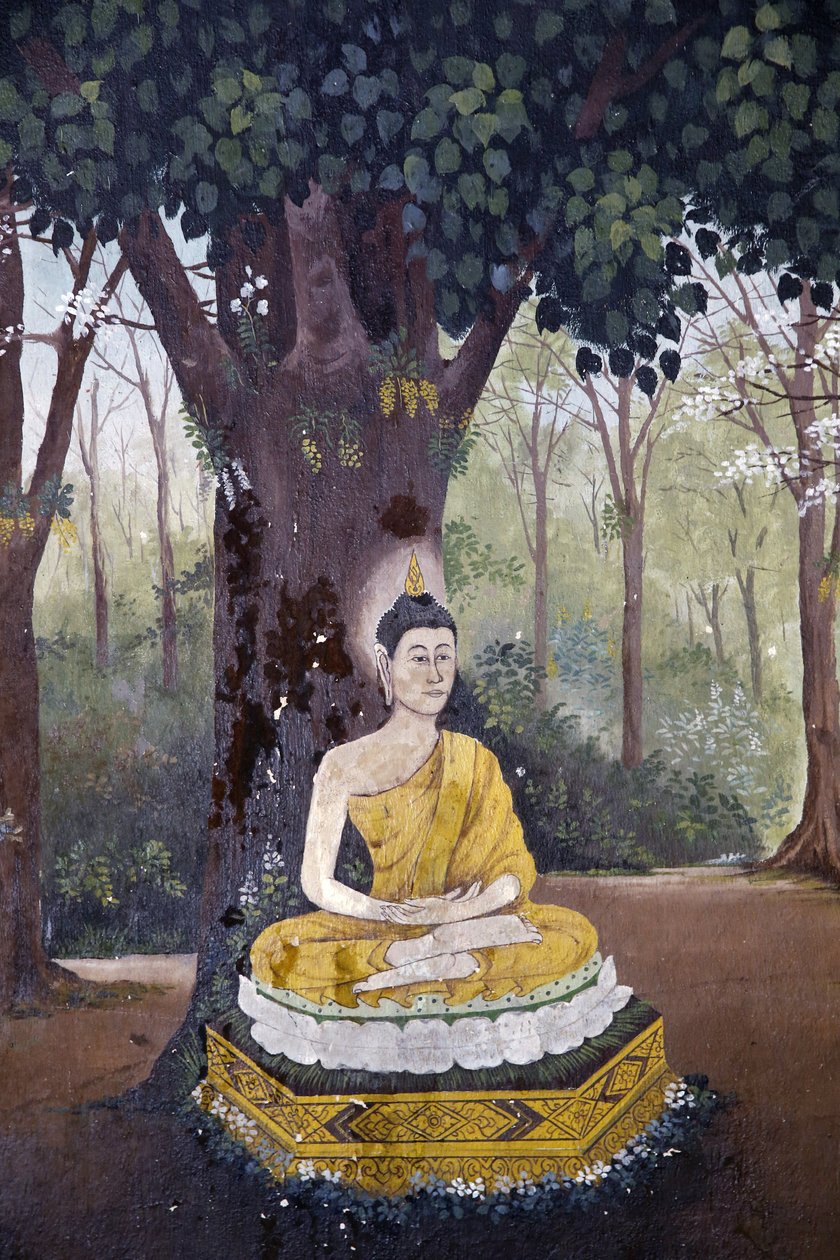 壁画描绘了佛陀在清迈素贴寺 (Wat Phra Doi Suthep) 的生活场景。 佛在树下打坐。 泰国 作者 不明