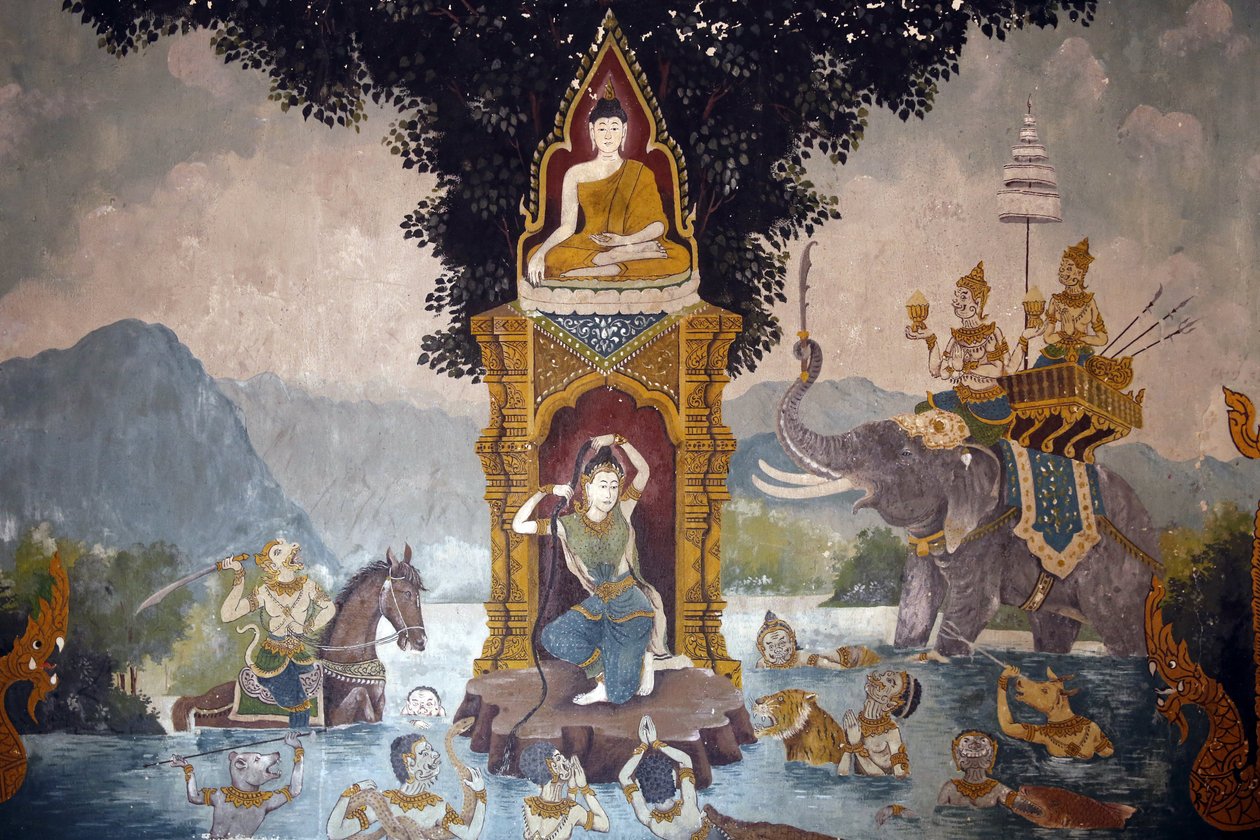 壁畫描繪了佛陀在清邁素貼寺 (Wat Phra Doi Suthep) 的生活場景。 年輕的佛像王子。 泰欽 作者 不明