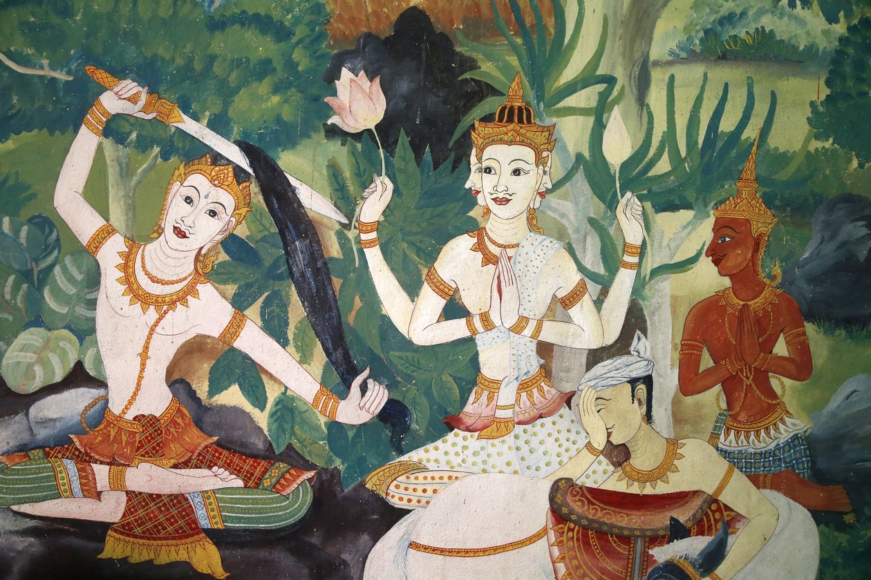 Fresco in Wat Ampharam, Hua Hin, Thailand. Buddha cutting his hair and renouncing his former life. 作者 不明