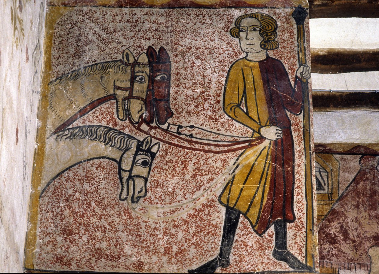 Pernes-les-Fontaines (Pernes les Fontaines, Vaucluse (84) 的 13 世纪的费朗德塔的壁画：Palefrenier 抱着三匹马的皇后。 作者 不明