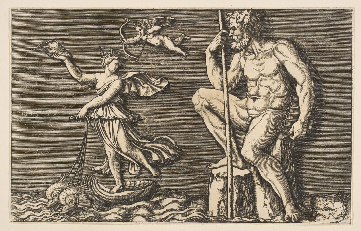 加拉太（Galatea）逃离了波利菲斯（Polyphemus），坐在一块岩石上，手里拿着杖和管子…… 1515-1600。 作者 不明