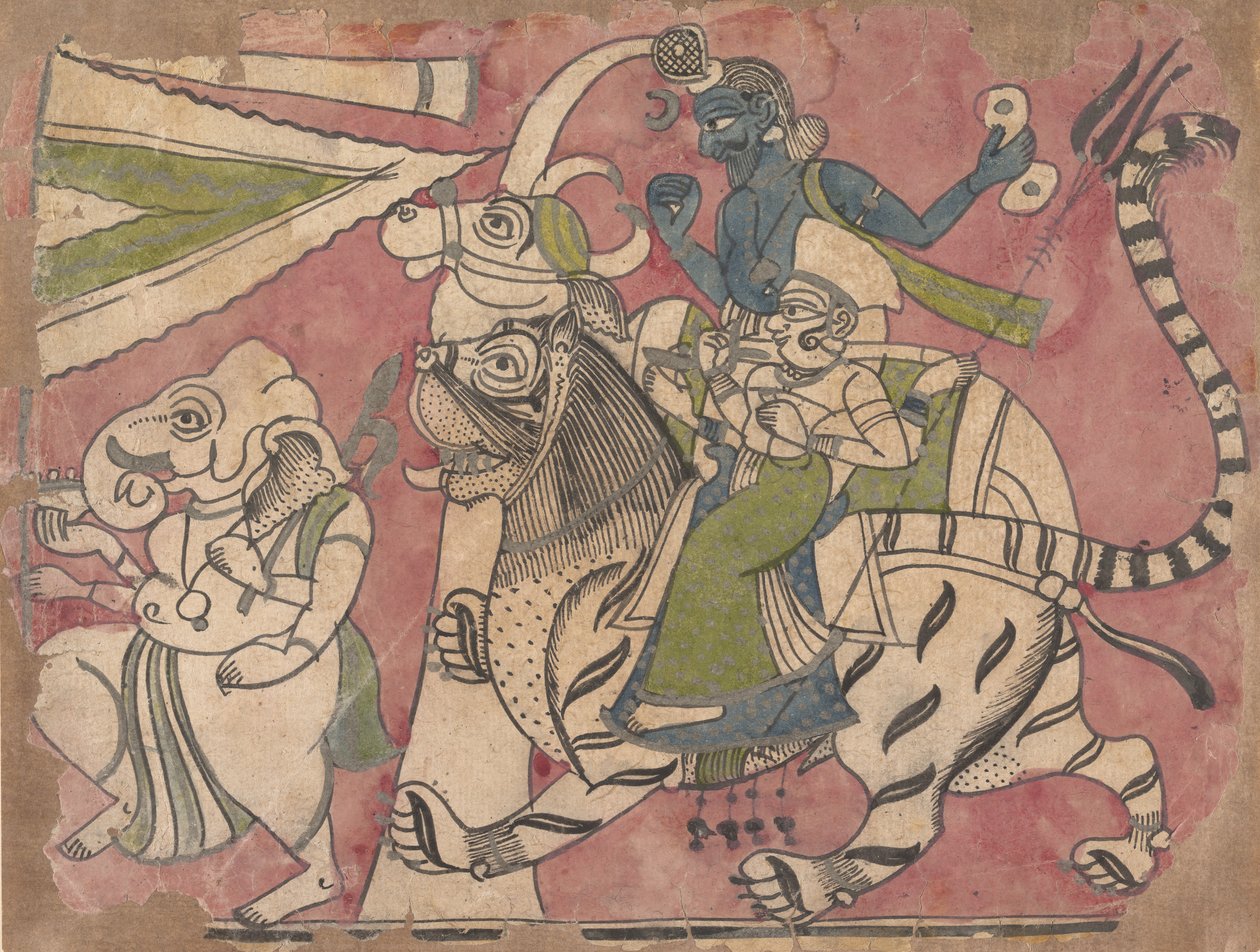 甘尼莎（Ganesha）在18世纪的游行中领导湿婆（Shiva）和杜尔加（Durga）。 作者 不明