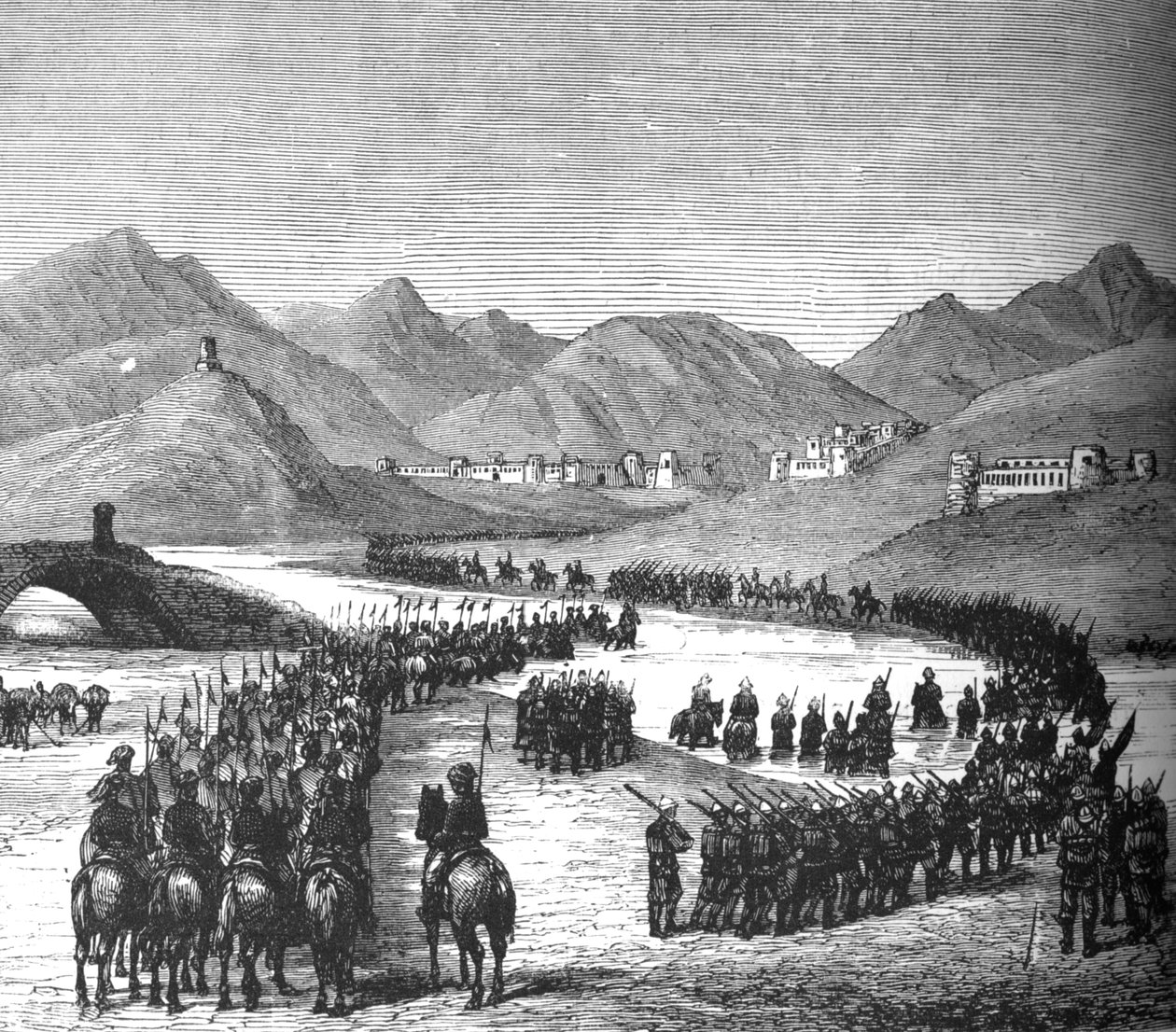 罗斯（Rosss）将军司令部穿过洛加尔河（Logar River）与唐纳德·斯图尔特爵士（Sir Donald Stewart）会合，约c1880 作者 不明