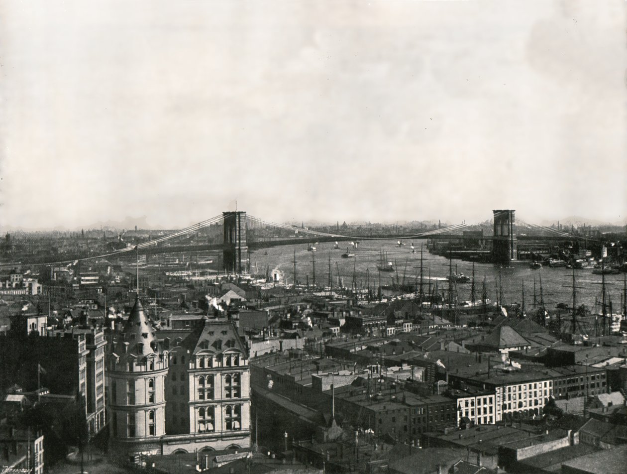 显示布鲁克林大桥的全景，美国纽约，1895年。 作者 不明
