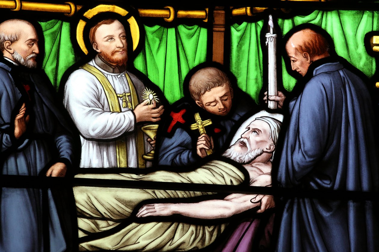 Geneva, Geneva, Switzerland, le 5/7/2015 - Basilica Notre-Dame of Geneva. Stained glass window. St. Vincent de Paul. 作者 不明