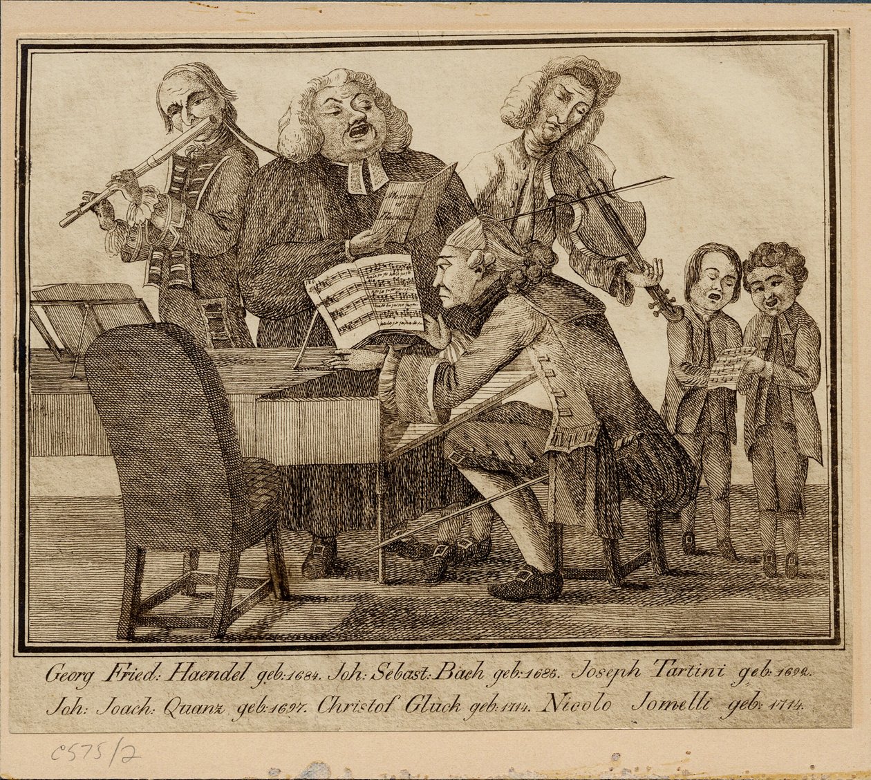 乔治·弗里德里希·海恩德尔（Georg Friedrich Haendel），约翰·塞巴斯蒂安·巴赫（Johann Sebastian Bach），朱塞佩·塔蒂尼（Giuseppe Tartini），约翰·约阿希姆·昆茨（Joachim Quantz），克里斯托弗·W 作者 不明