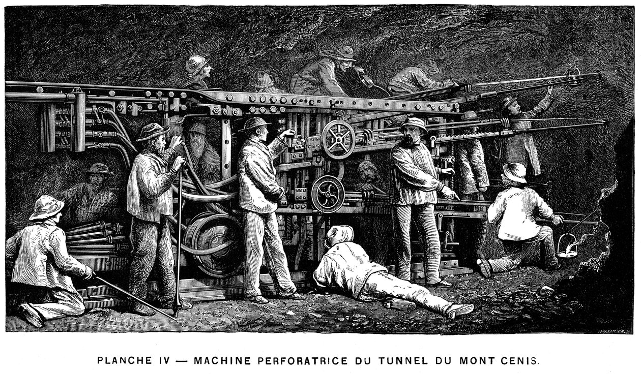Germain Sommeillers压缩空气凿岩机，用于挖掘Mont Cenis隧道，1874年 作者 不明