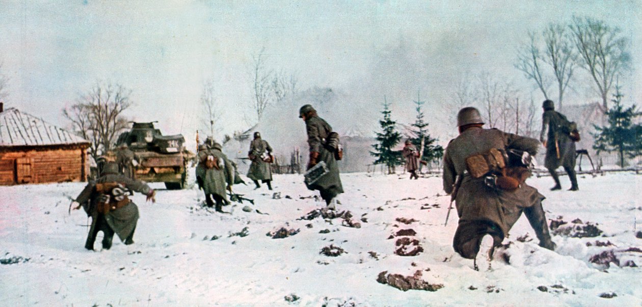 1941年，德国步兵在雪中跟随一辆坦克驶向莫斯科，俄罗斯 作者 不明