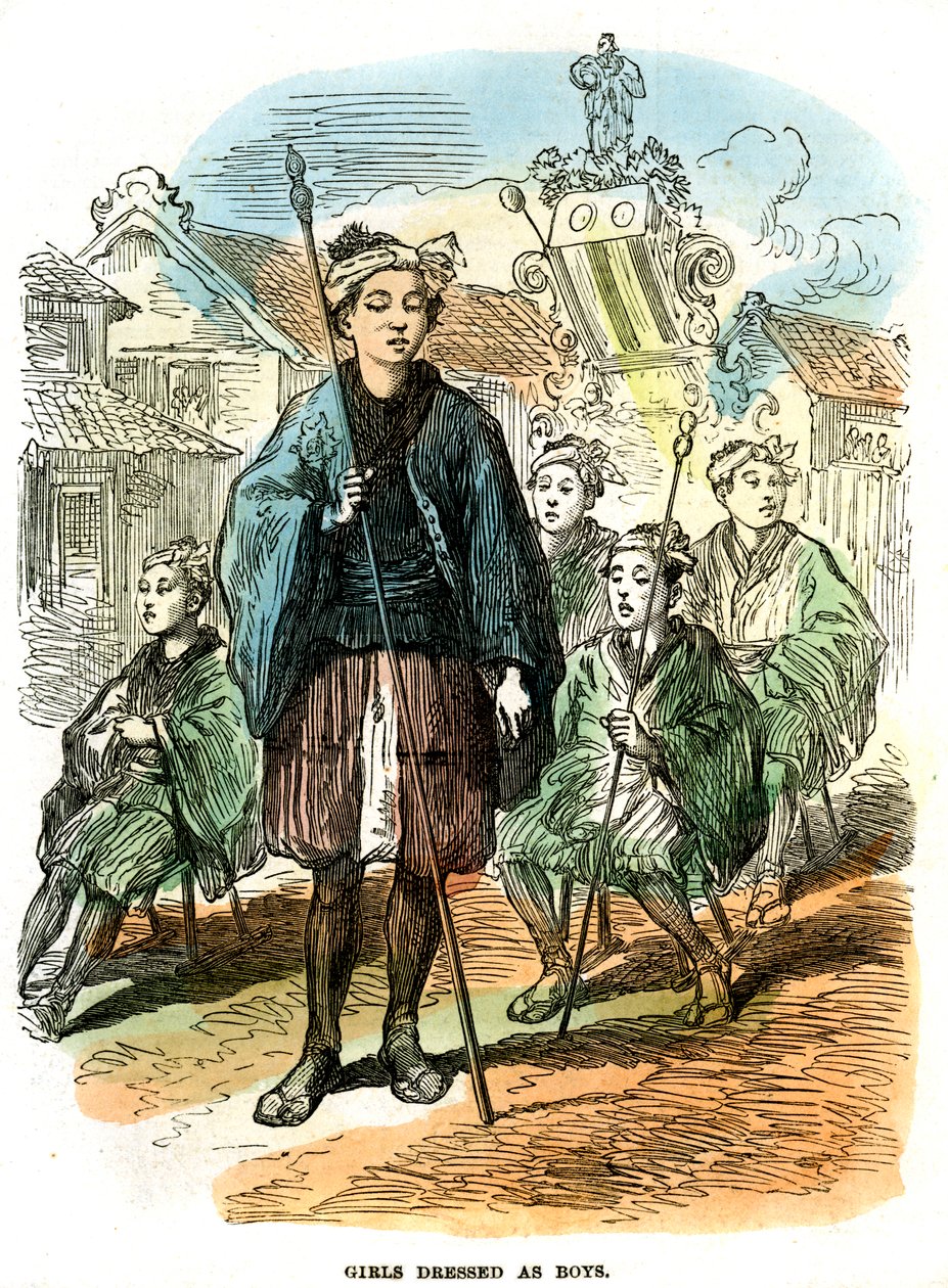 1872年，年轻的女孩打扮成男孩，在日本横滨的新年狂欢节游行 作者 不明