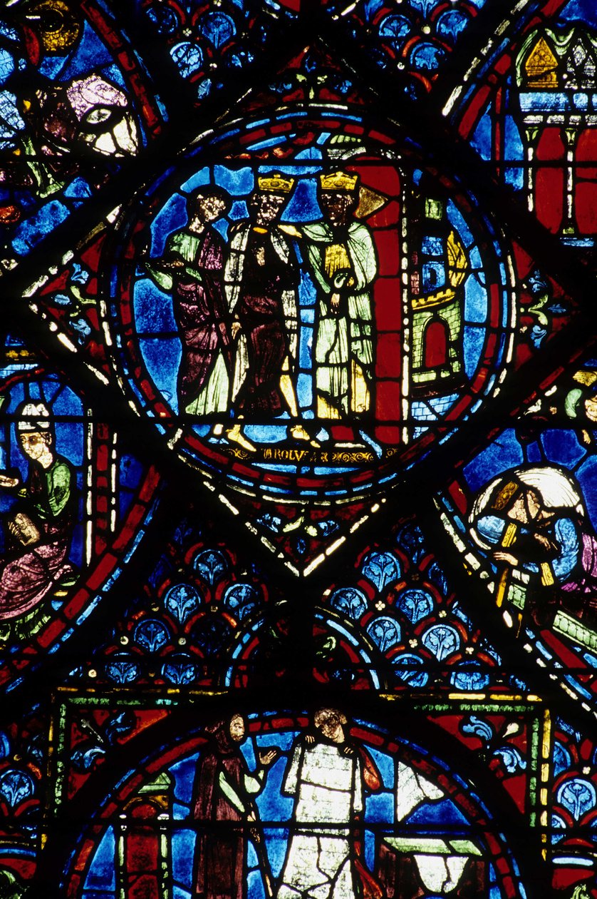 哥特式建筑。 Histoire de Charlemagne（细节）：拜占庭皇帝君士坦丁一世接受查理曼大帝（742-814）。 彩色玻璃的北部门诊，absidial。 沙特尔大教堂。 作者 不明