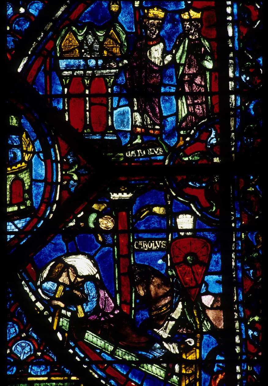 Gothic architecture. Histoire de Charlemagne (detail): Charlemagne (742-814) receives 3 hunts (high) and Vision of Constantine (I, emperor Byzantine). Stained glass of the northern ambulatory, absidial. Cathedrale de Chartres. 作者 不明