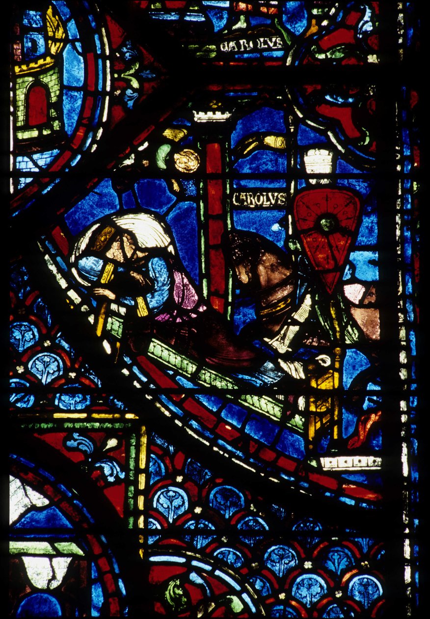 Gothic architecture. Histoire de Charlemagne (detail): Vision of Constantine (I, Emperor Byzantine). Stained glass of the northern ambulatory, absidial. Cathedrale de Chartres. 作者 不明