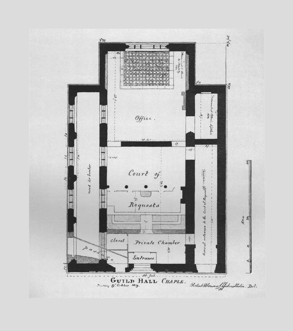 1866年的1815年市政厅礼堂平面图 作者 不明