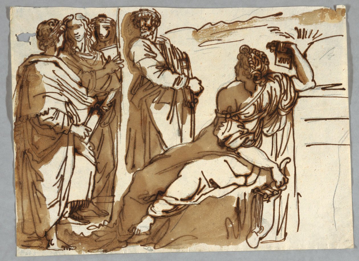 拉斐尔·桑齐奥（Raphael Sanzio）后与帕纳苏斯（Penassus）的彼得拉克（Petrarch）和萨福（Sappho）一起 作者 不明