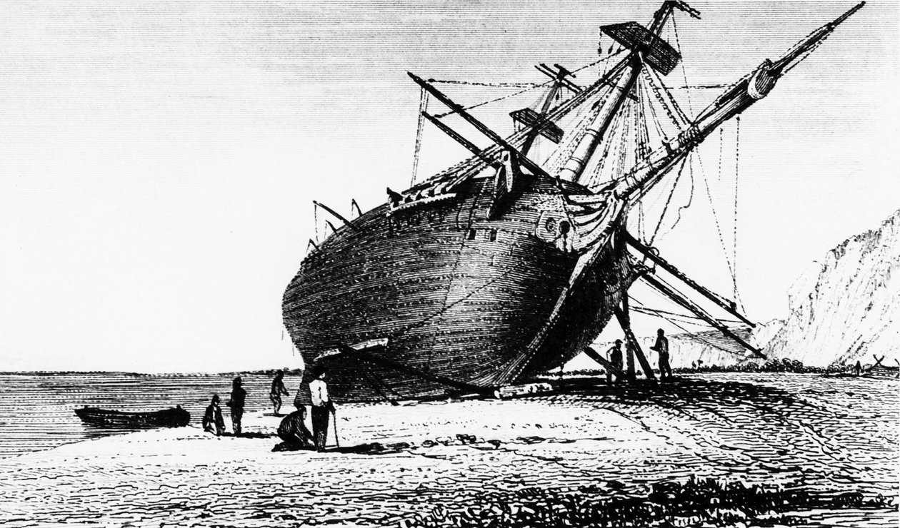 HMS Beagle船上岸，南美洲巴塔哥尼亚里约圣克鲁斯，1834年至1839年 作者 不明