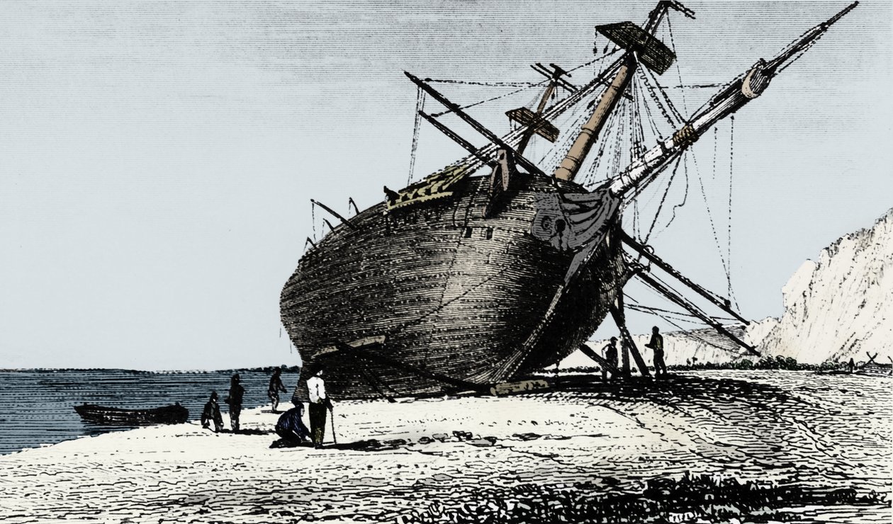 HMS Beagle船上岸，南美洲巴塔哥尼亚里约圣克鲁斯，1834年至1839年 作者 不明