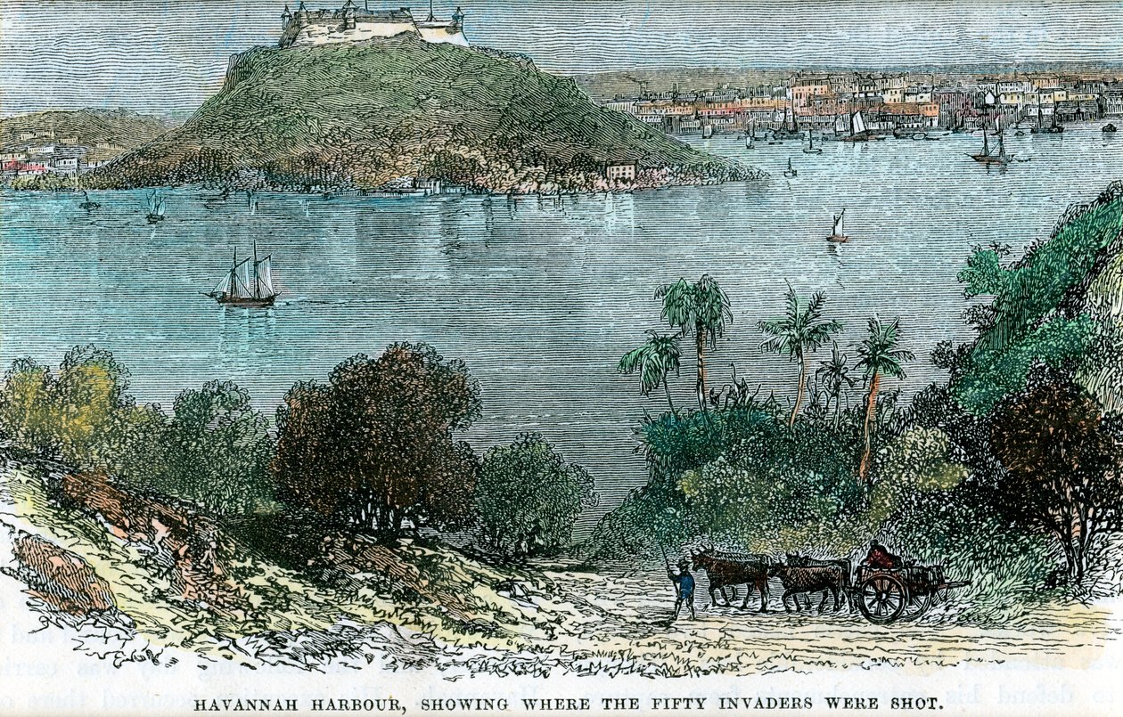 哈瓦那港（Havannah Harbour），展示了五十名侵略者被枪杀的地点，古巴，约1880年 作者 不明
