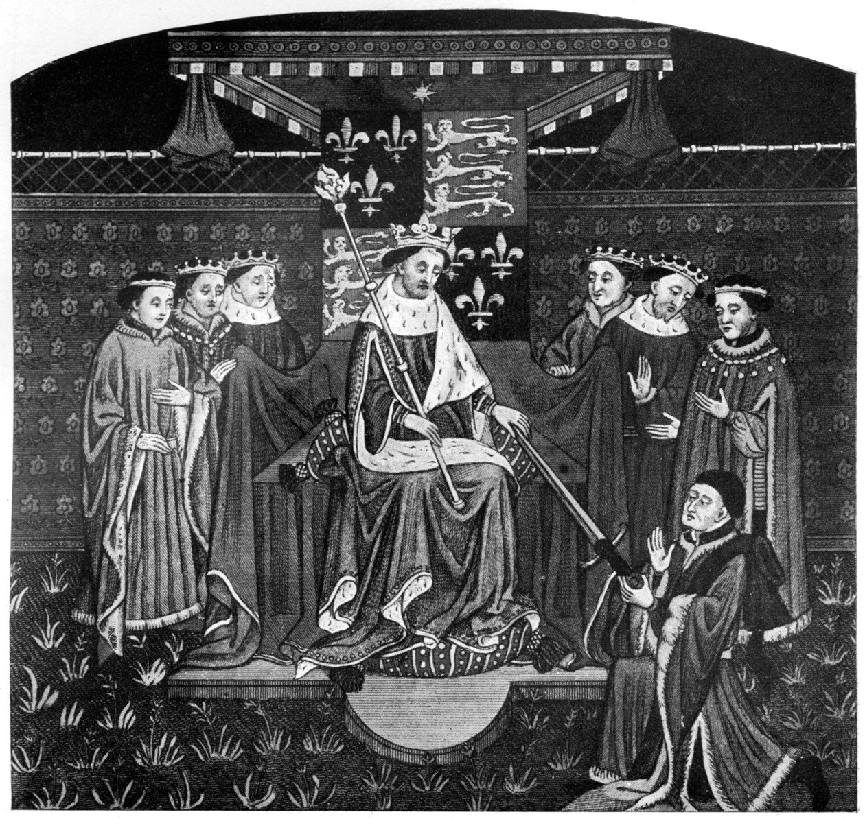 亨利六世向索尔兹伯里伯爵约翰·塔尔伯特（John Talbot）献剑，约1014年，c1445 作者 不明
