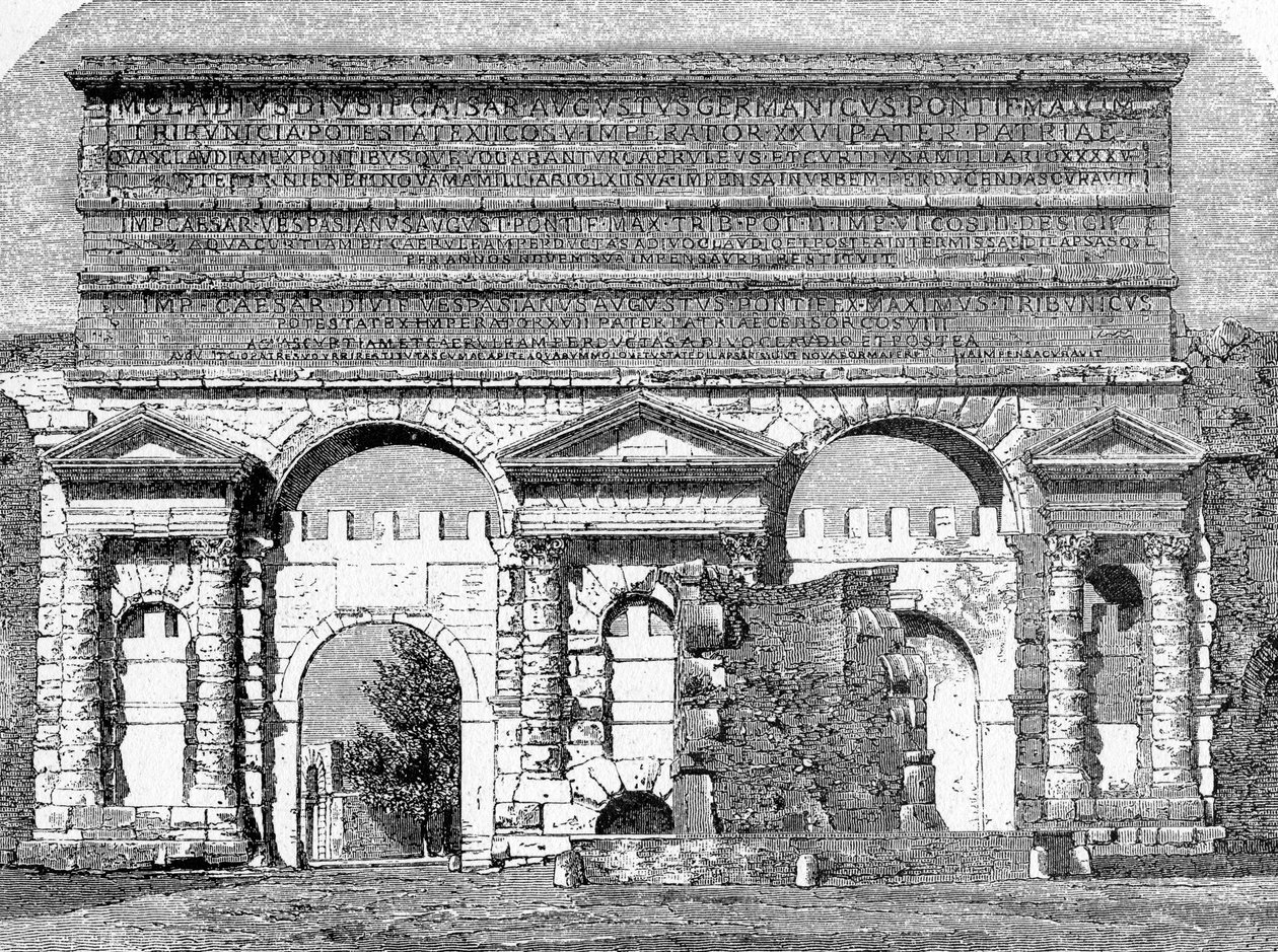古罗马的历史。1872年的罗马版画 马焦雷门，或称内维亚门 作者 不明