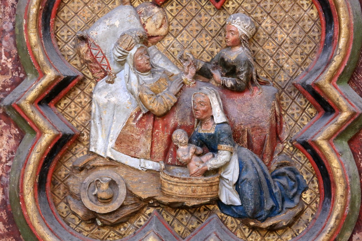 History of St. John the Baptist : ""Nativity of St. John the Baptist."" Bas-relief of the northern end of North choir (1531). Polychrome stone. 1531. Amiens Cathedral, Amiens, France 作者 不明