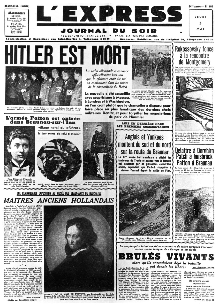 希特勒死了，LExpress报纸的头版，1945年5月3日 作者 不明