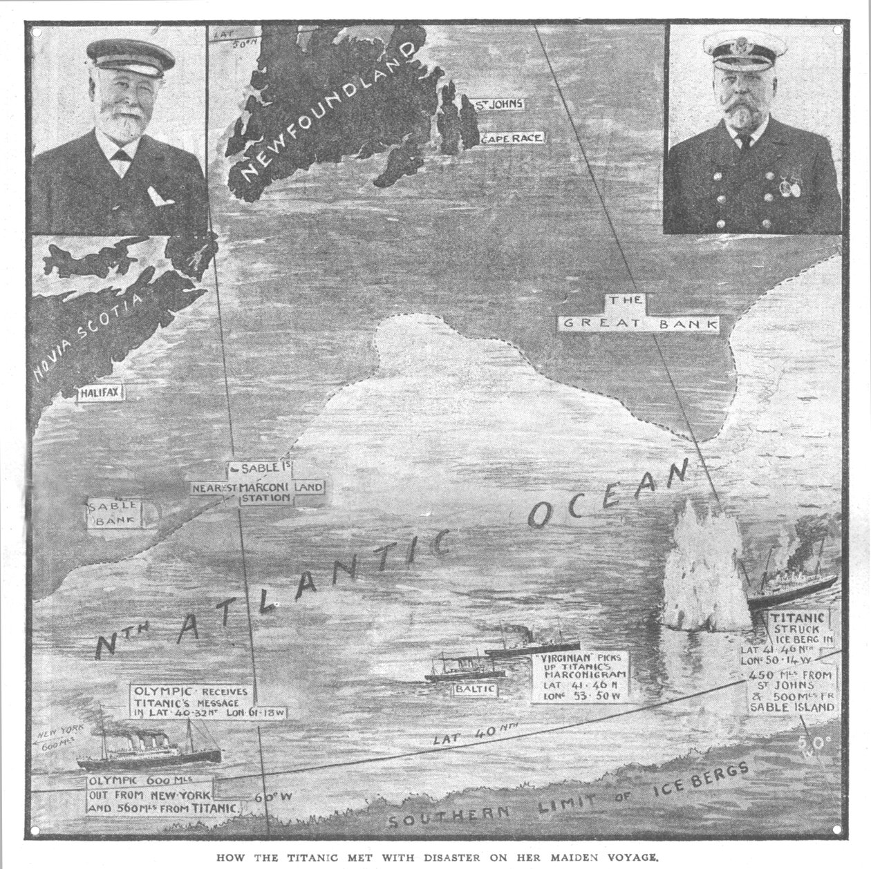 泰坦尼克号在1912年4月20日的“少女航程”中与灾难的相遇之道。 作者 不明