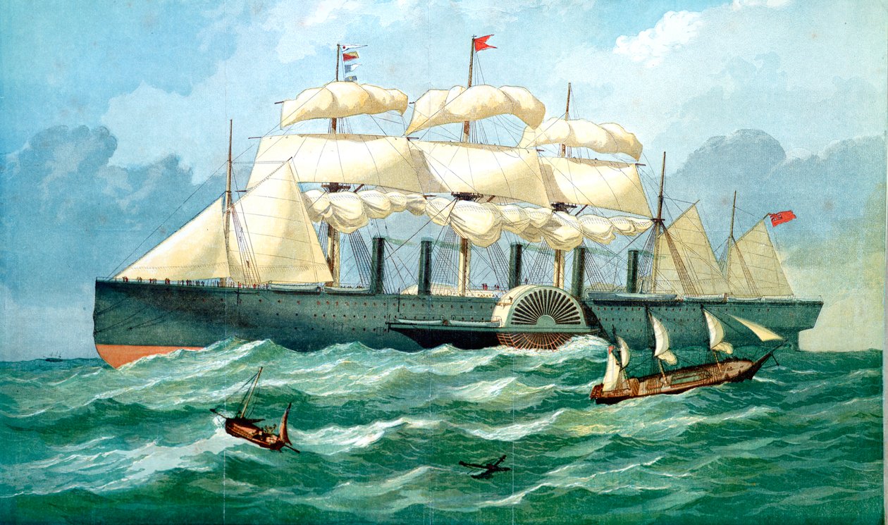 IK Brunels蒸汽船大东方（Great Eastern）展示了明轮和帆罩，1857年 作者 不明