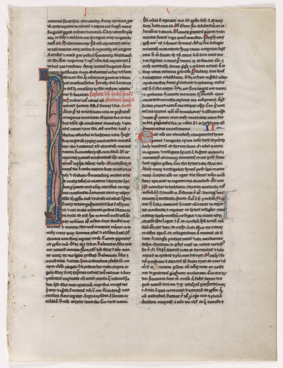 首字母I：纠缠的野兽与蛇：圣经中的叶子2 of 2切除的叶子，c。 1225-1250。 作者 不明