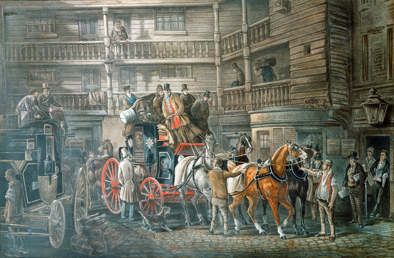 邮编准备离开的旅馆院子，c1840 作者 不明