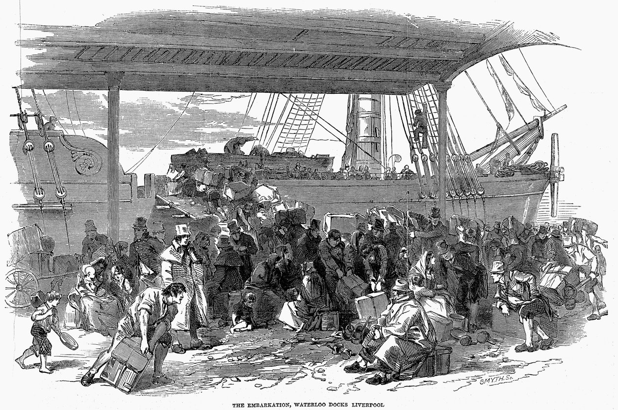 1850年，爱尔兰移民在利物浦的滑铁卢码头出发前往美国 作者 不明