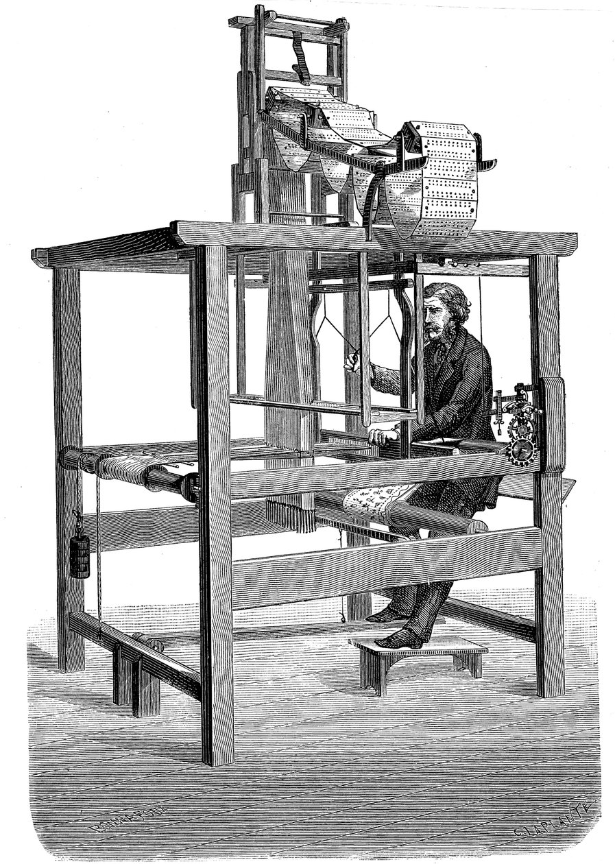提花织机，带有成捆的打孔卡片，织出图案，1876年 作者 不明