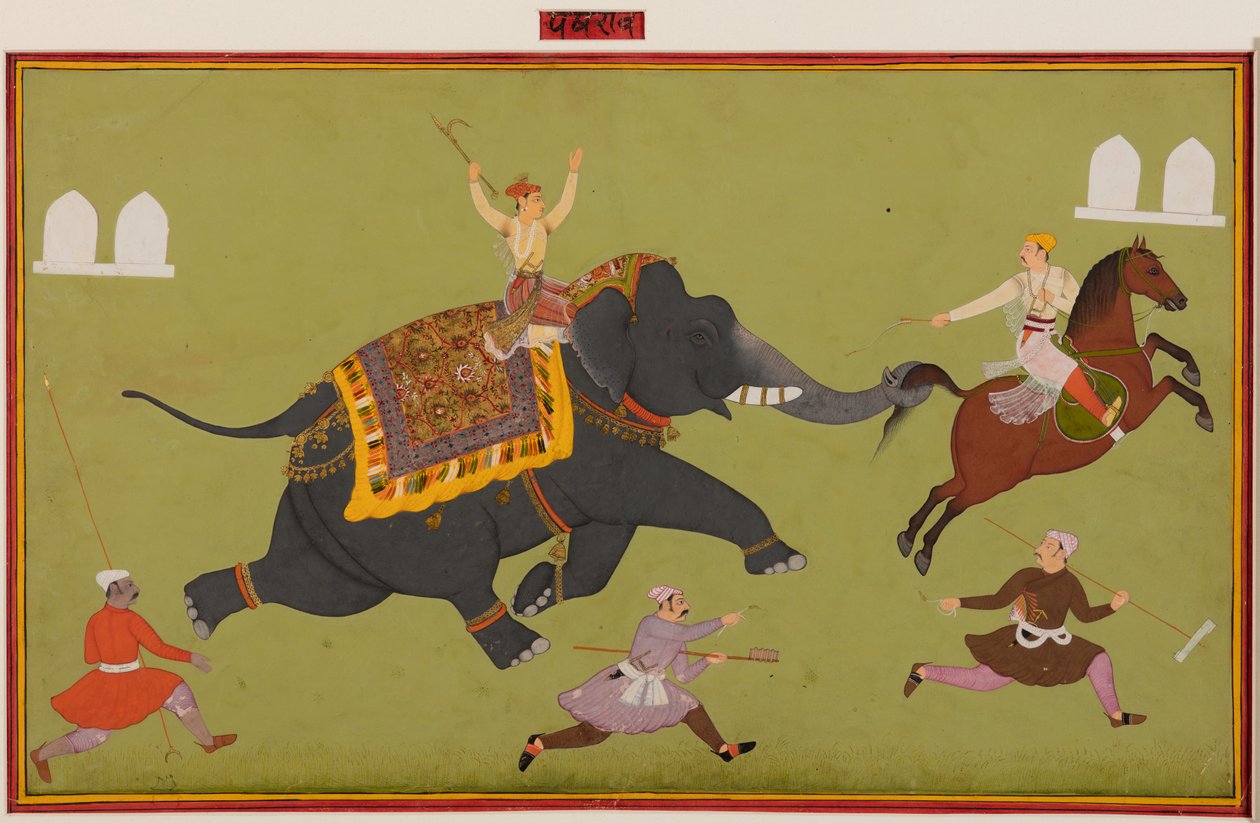 贾伊·辛格（Jai Singhs）的大象帕克劳（Pakhrao）睡着了，尾巴抓着马，c。 1680。 作者 不明