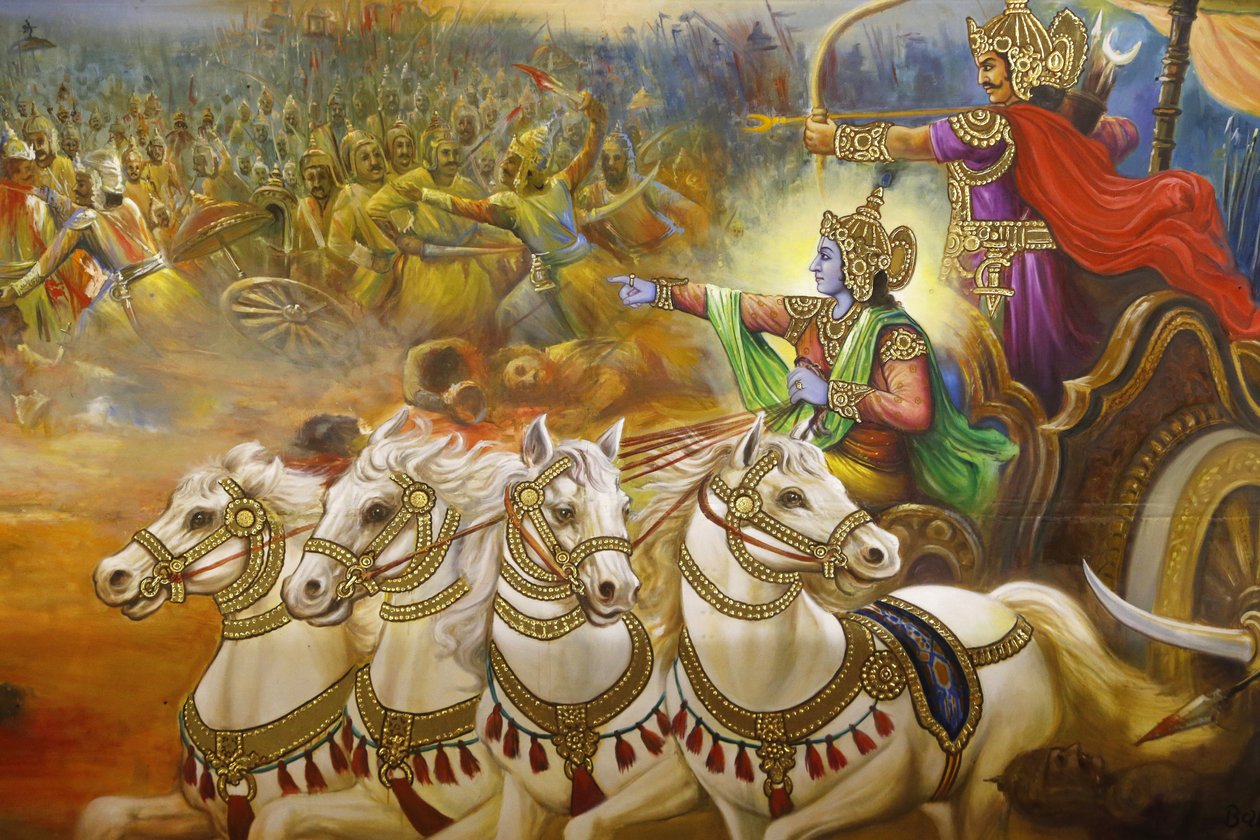 Jalaram Prathna hindu temple, Leicester. Fresco. Krishna the charioteer guiding Arjuna in the battlefield of Kurukshetra. United kingdom 作者 不明