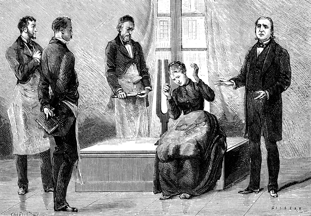 让·马丁·夏科特（Jean Martin Charcot）展示催眠，1879年 作者 不明