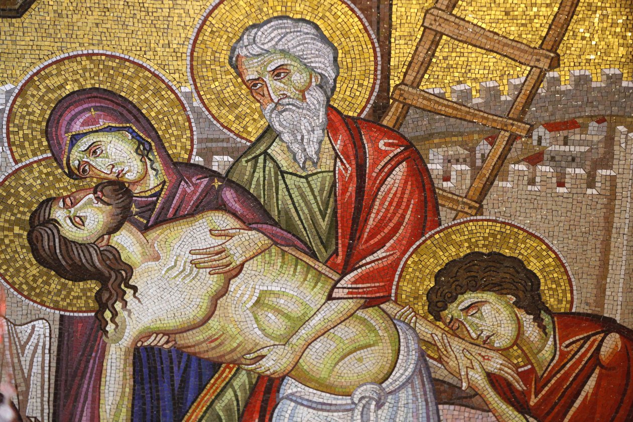 Jesus down from the cross, Detail of mosaic art which depicts the burial of Jesus Christ, Holy Sepulchre Church, Jerusalem, Israel 作者 不明