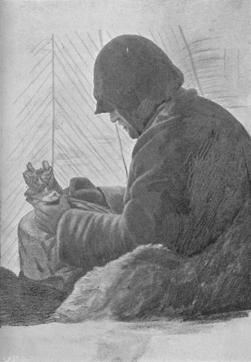 约翰森坐在小屋里的睡袋里，c1893-1896，1897年 作者 不明
