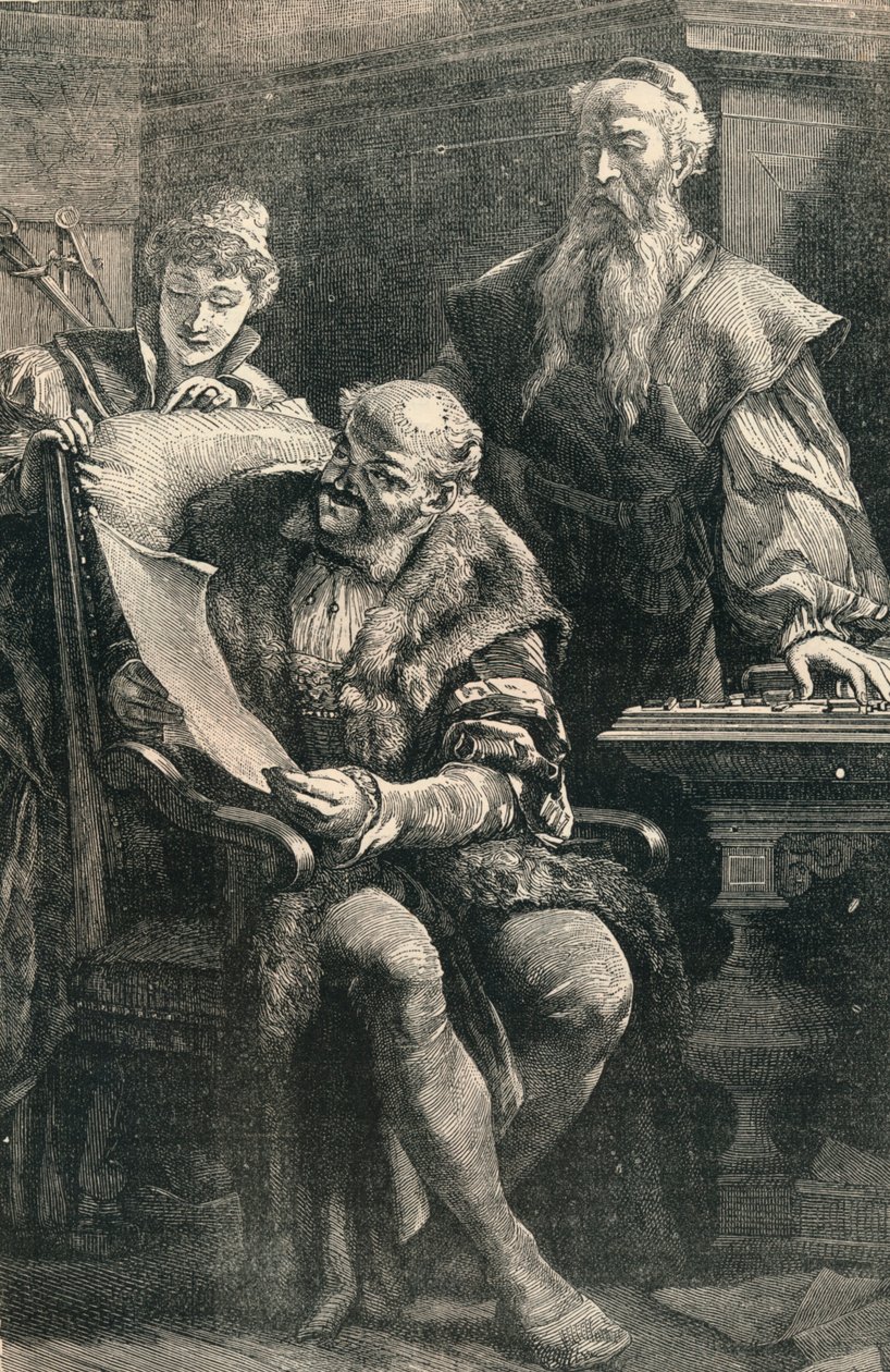 约翰·古登堡（John Gutenberg）向浮士德出版的第一本印刷书籍的一部分，十四世纪，大约c1910 作者 不明