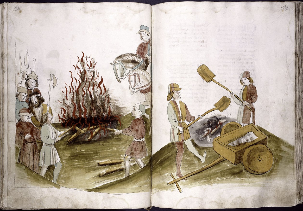 约翰·胡斯（John Hus）在1415年7月6日被烧死在火刑柱上，他的骨灰从以下地方铸造到莱茵河：乌尔里希·里切塔尔编年史，1414-1418年 作者 不明