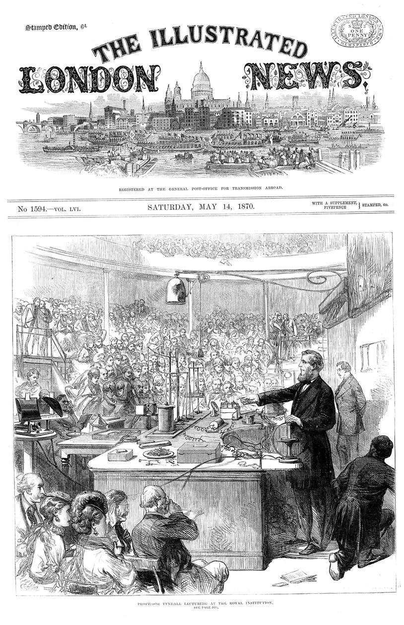 约翰·廷德尔（John Tyndall）在伦敦皇家学院讲授电磁学。 1870年5月 作者 不明