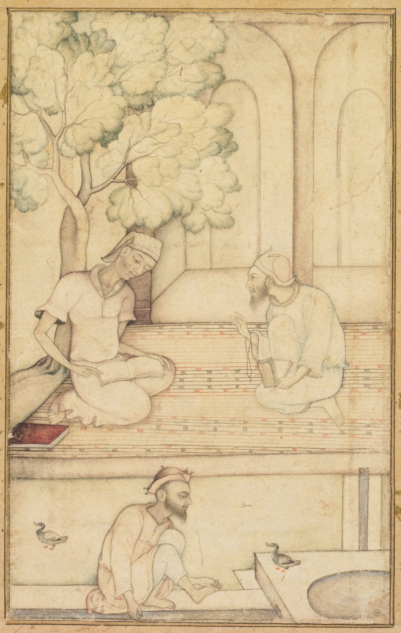 卡比尔和露台上的两个追随者，书法背面，c。 1610-1620。 作者 不明