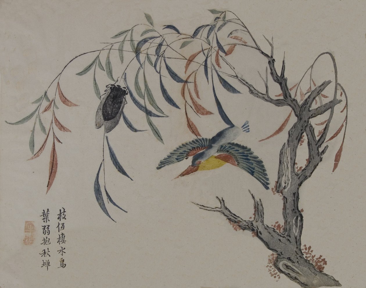 翠鸟、蝉和柳树，19世纪。 作者 不明