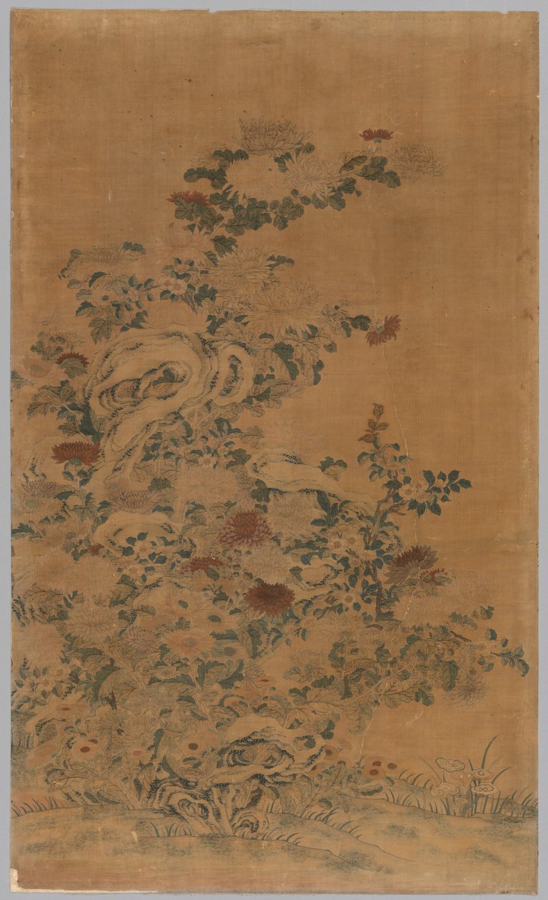 高苏（Ko Ssu）面板：岩石和菊花，1700年代-1800年代。 作者 不明
