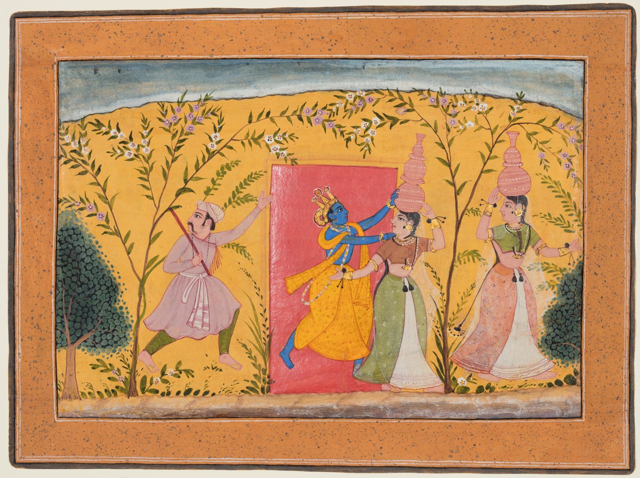 克里希纳（Krishna）对挤奶女仆（Bhagavata Purana）造成的通行费c。 1600。 作者 不明