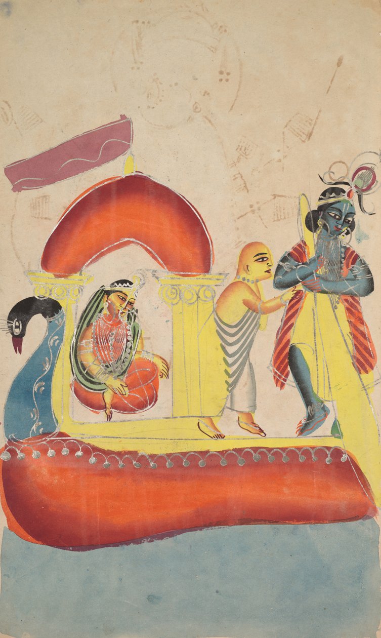 克里希纳（Krishna Ferrying Radha）横跨亚穆纳河（Yamuna River），1800年代。 作者 不明