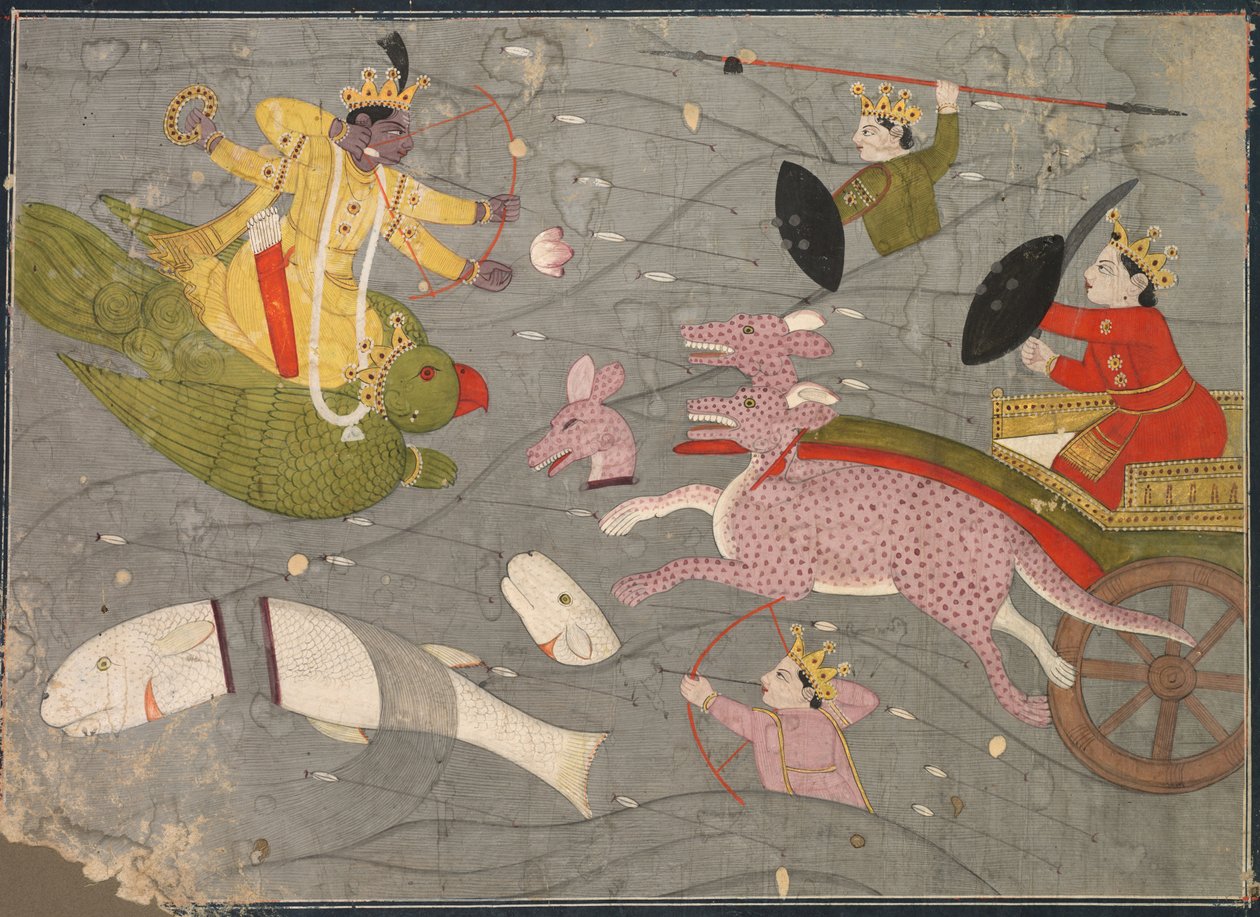 克里希纳（Krishna）战斗瓦纳苏拉之子（Krishna Fighting Vanasuras Sons）：克里希纳·里拉（Krishna Lila）阿尼鲁达（Aniruddha Usha）节的场景，c。 1840年。 作者 不明