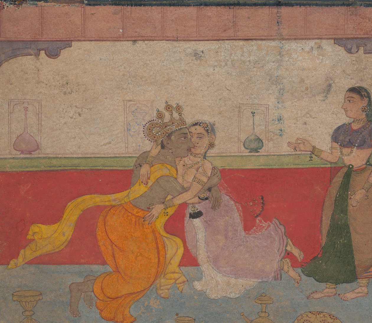 克里希纳（Krishna）亲吻拉达（Rhaha）：波士顿·拉西卡普里亚（Brassary）恋人Braviary的页面，约1610年。 作者 不明
