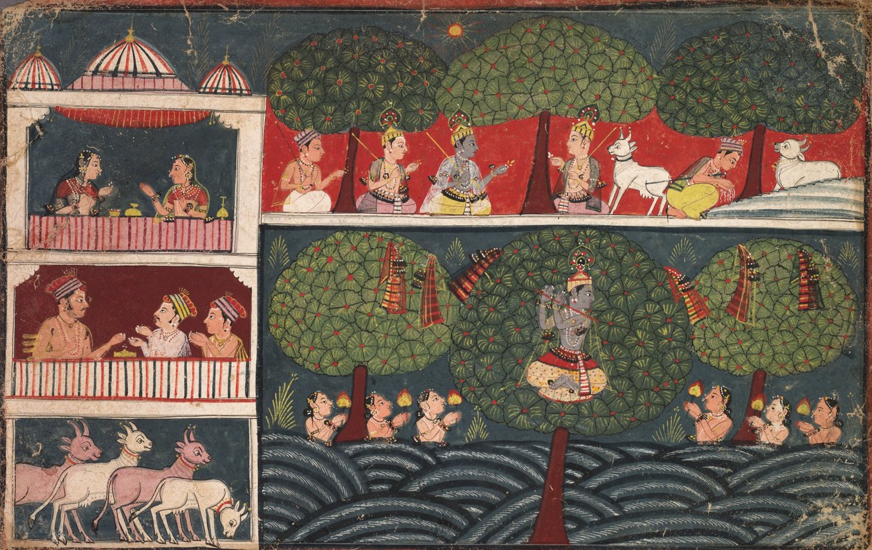 克里希纳（Krishna）偷Gopis衣服，《博伽瓦塔》（Bhagavata Purana）的页面，c。 1650。 作者 不明